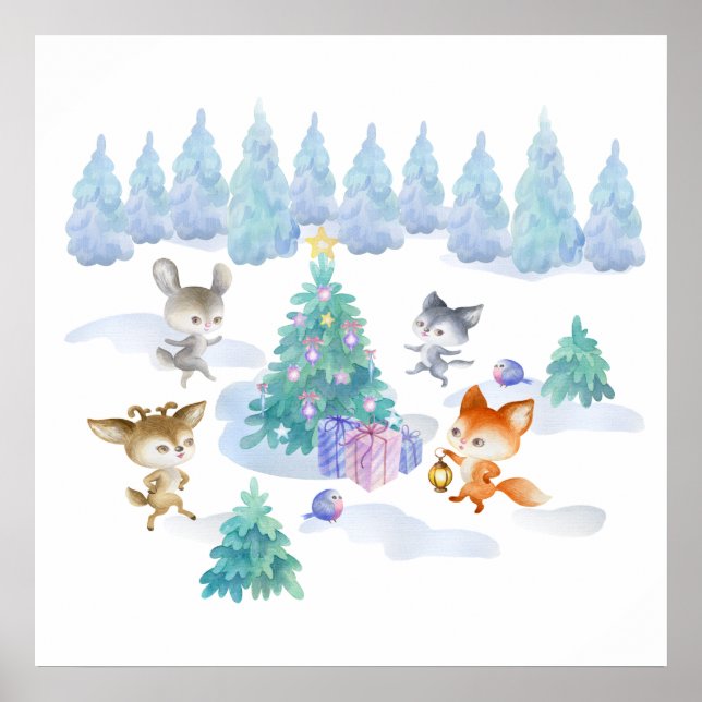 Póster Forest Animals Dancing Around Christmas Tree (Frente)