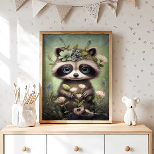 Póster Forest Baby Raccoon Flower   Raccoon Wall Print