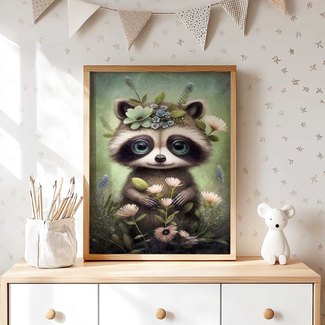 Póster Forest Baby Raccoon Flower | Raccoon Wall Print (Boho Woodland Raccoon Wall Art for Nursery by TinkPrints.)