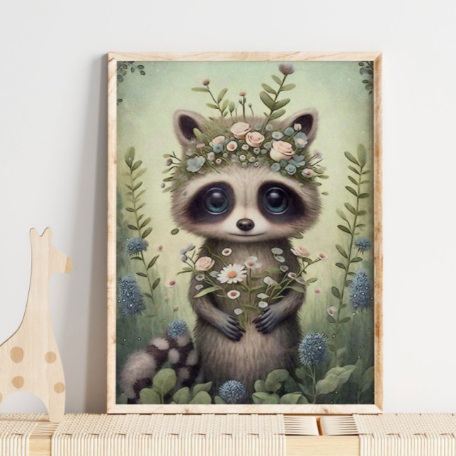Póster Forest Baby Raccoon Flower | Raccoon Wall Print (Subido por el creador)