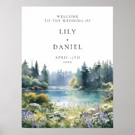 Póster Forest Lakeside Wildflowers Wedding Welcome Sign