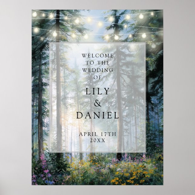 Póster Forest String Lights Floral Wedding Welcome Sign (Frente)