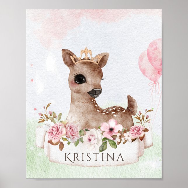 Póster Forest Woodland Baby Girl Deer Watercolor Nombre (Frente)