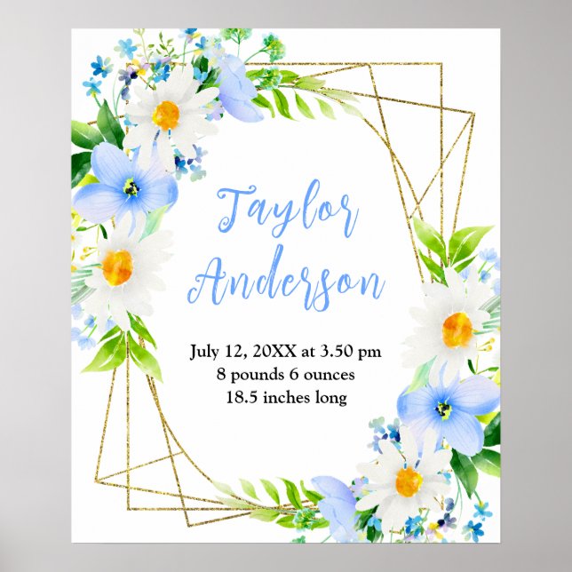 Póster Forget-Me-Nots and Daisies Floral Baby Birth Stats (Frente)