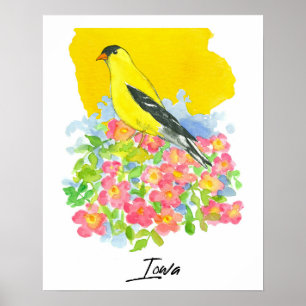 Póster Forma del estado de Iowa Goldfinch Rosas silvestre