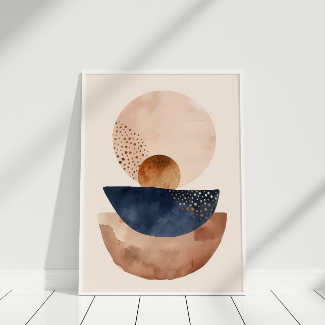 Póster Formas abstractas de Rubor Terracotta de la Marina (Watercolor Navy Terracotta Blush Abstract Shapes Poster in a white frame.)