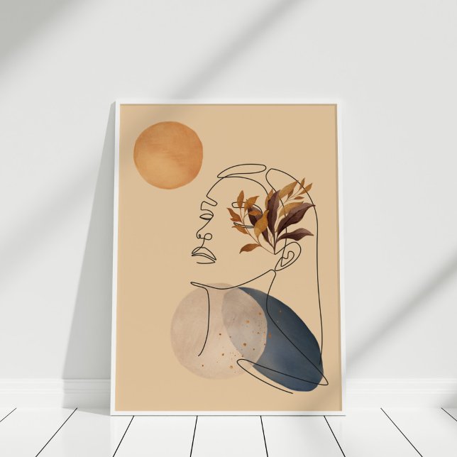 Póster Formas abstractas y caras de línea (Abstract Shapes and Line Art Face Poster in a white frame.)