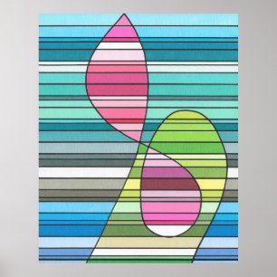 Póster Formas curvas abstractas rosadas y verdes rayadas 