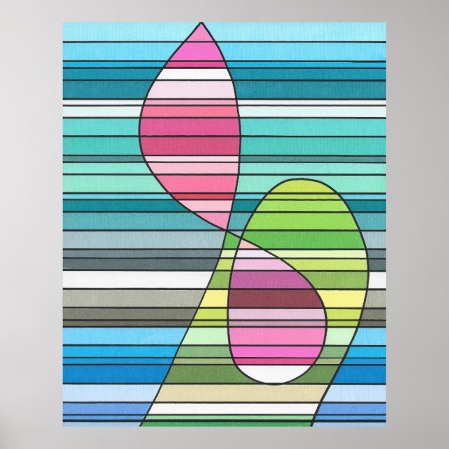 Póster Formas curvas abstractas rosadas y verdes rayadas  (Frente)
