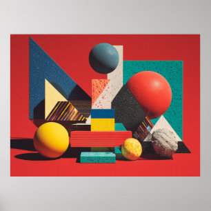 Póster Formas Geométricas Coloridas sobre Fondo Rojo