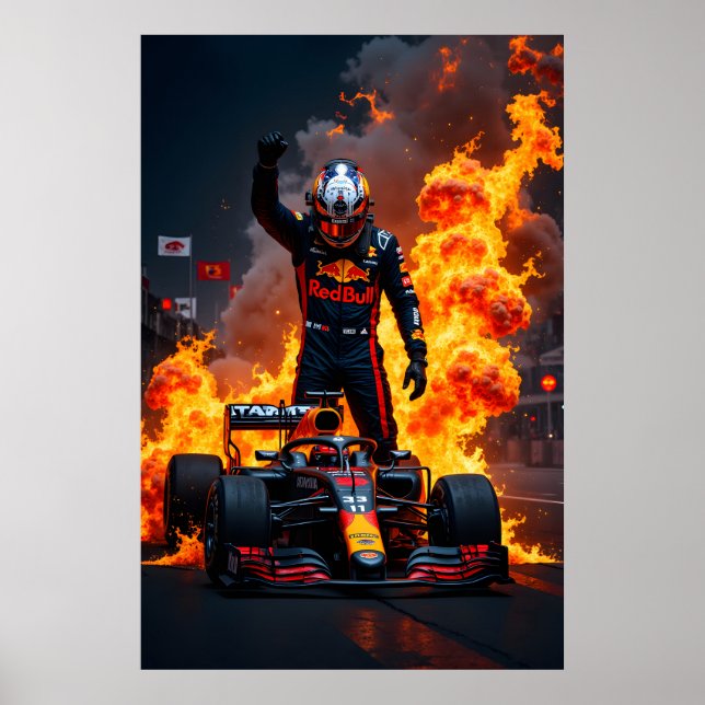 Póster Formula One Racing Champion Celebration with Fire  (Frente)