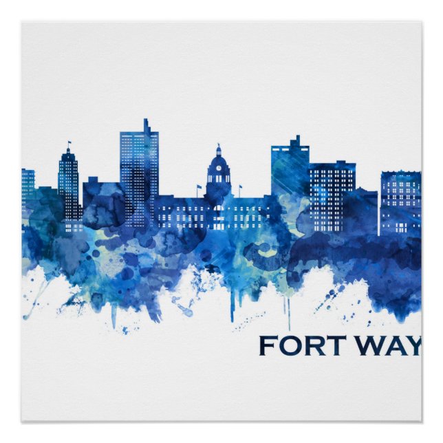 Póster Fort Wayne Indiana Skyline Blue (Anverso)
