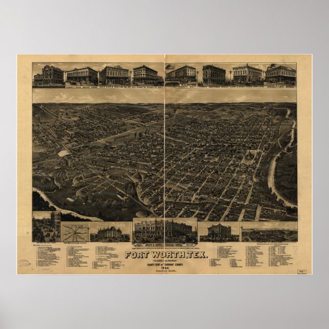 Póster Fort Worth Texas 1886 Mapa Panorámico Antiguo (Frente)