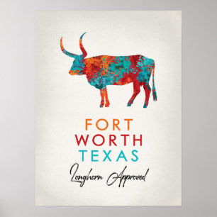 Póster Fort Worth Texas Colorido Longhorn