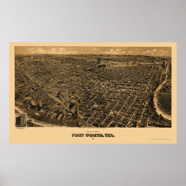 Póster Fort Worth, TX Panoramic Map - 1891 (Frente)