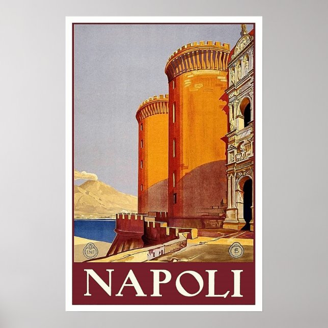 Póster Fortaleza de Nápoles, Italia, viaje medieval, vint (Frente)