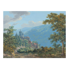 Póster Fortaleza en paisaje montañoso al amanecer