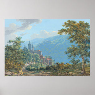 Póster Fortaleza en paisaje montañoso al amanecer