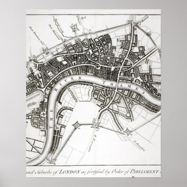 Póster Fortificaciones de Londres en 1642 y 1643, 1738 (Frente)