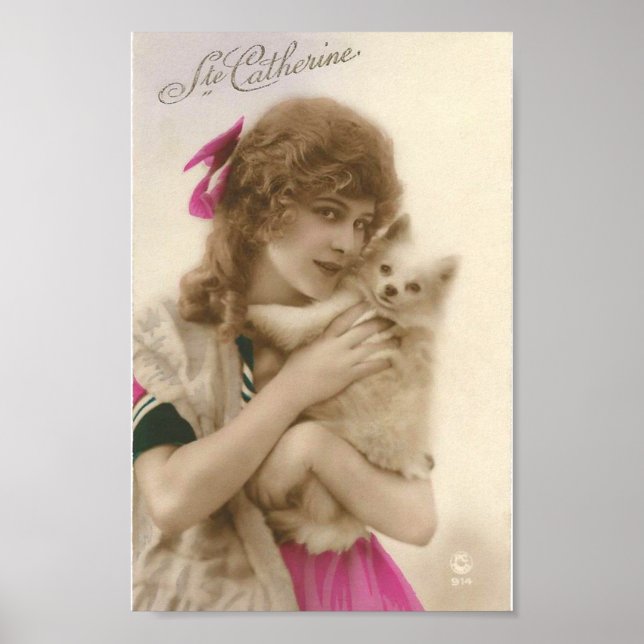 Póster Foto antigua: mujer victoriana y perro (Frente)