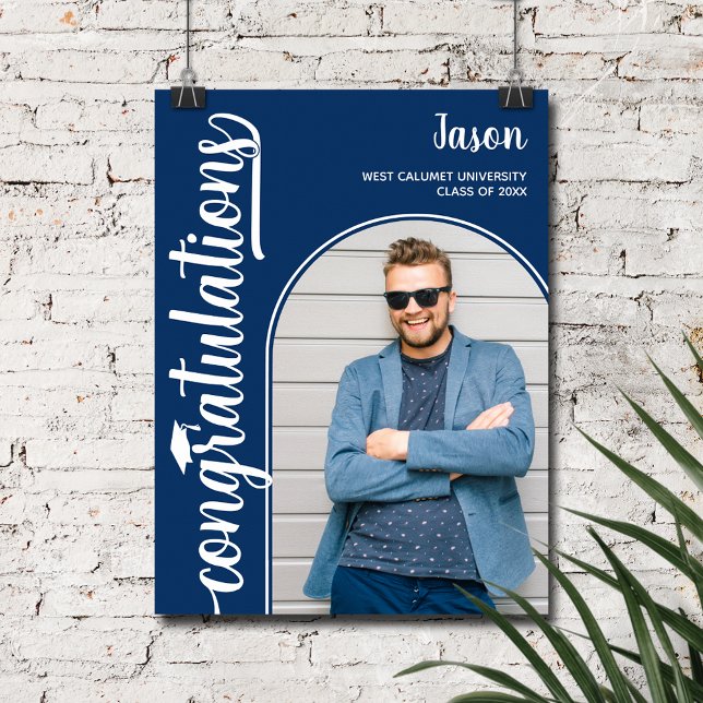 Póster Foto arqueada sobre graduación azul (Arched Photo on Blue Graduation Poster, INSTANT DOWNLOAD and/or PRINTED)
