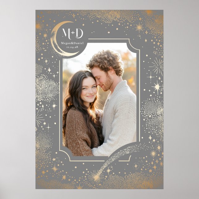 Póster Foto boda Celestial Gris Gris Estrellas Luna (Frente)