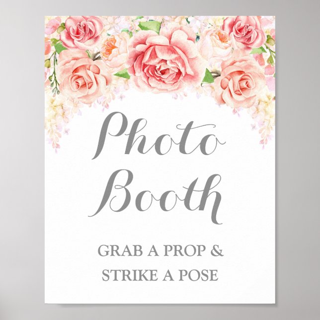 Póster Foto Booth Boda Rótulo acuarela rosa Floral (Frente)
