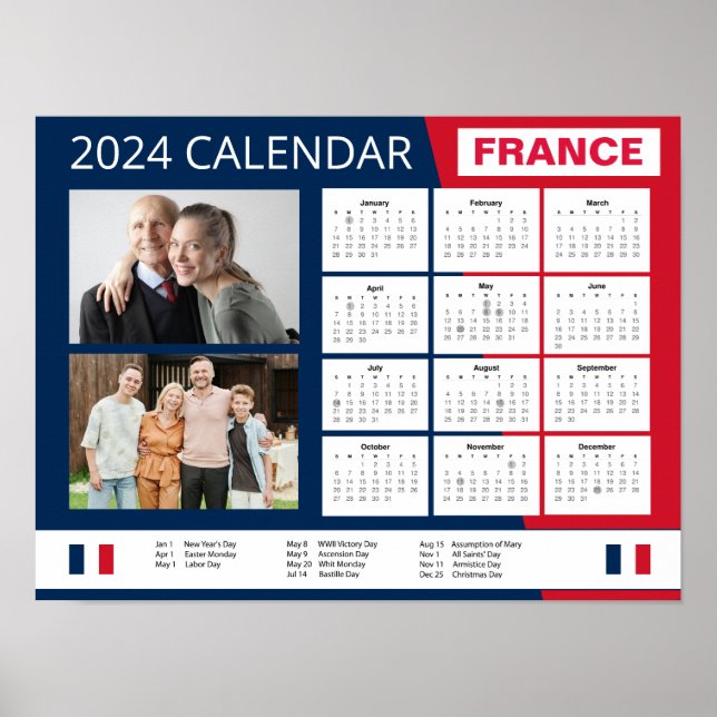 Póster Foto Calendario Francés en Inglés | 2024 (Frente)