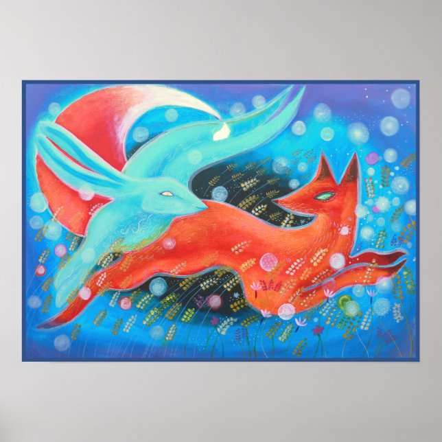 Póster Foto de Animales, Un zorro y una liebre. (Frente)