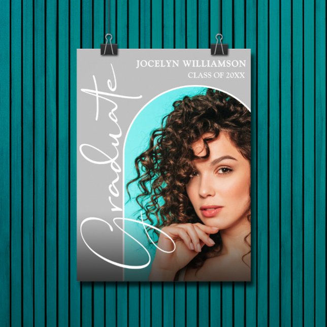 Póster Foto de arco de guiones de graduación de moda (Chic graduation script on arched photo gray poster - PRINTED and/or INSTANT DOWNLOAD)