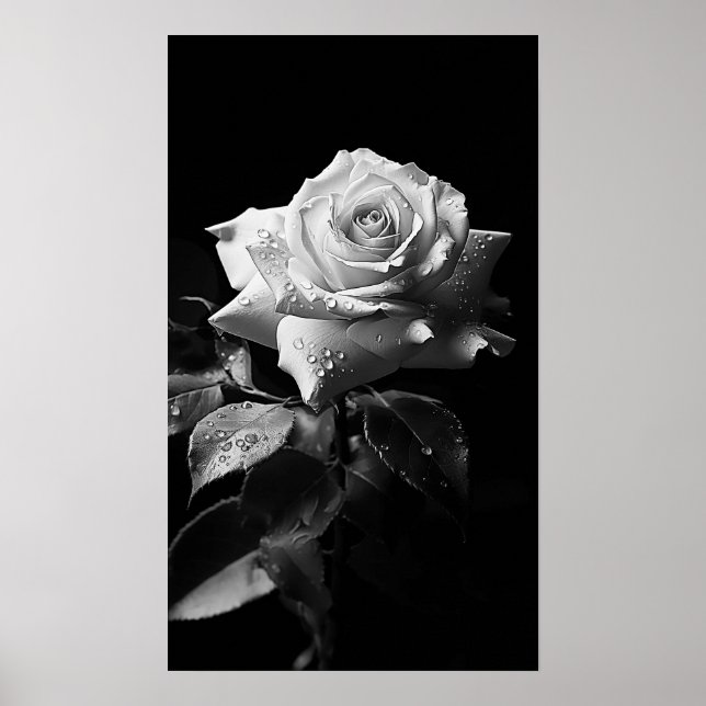 Póster Foto de B&W con rosa blanco de tallo largo (Frente)