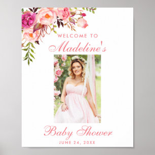 Póster Foto De Bienvenida De Baby Shower De Floral Rosa