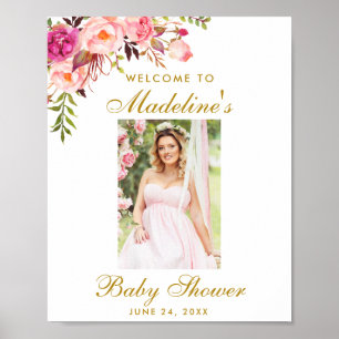 Póster Foto de bienvenida de Baby Shower de Pink Floral G