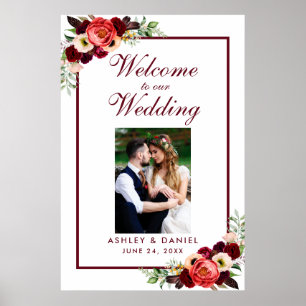 Póster Foto de bienvenida de boda boho floral borgoña