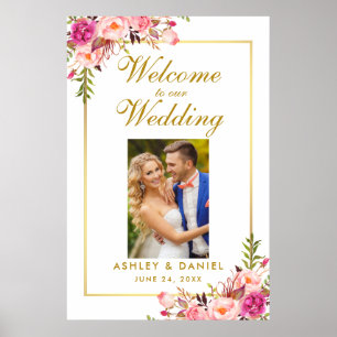 Póster Foto de bienvenida de Boda dorado floral rosa Rubo