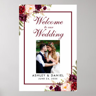 Póster Foto de bienvenida de boda floral borgoña