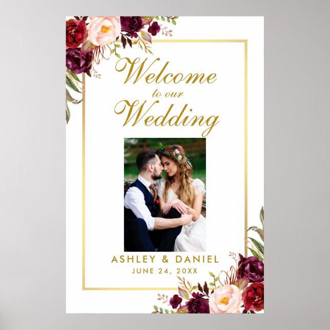 Póster Foto de bienvenida de Boda Floral Burgundy Gold (Frente)