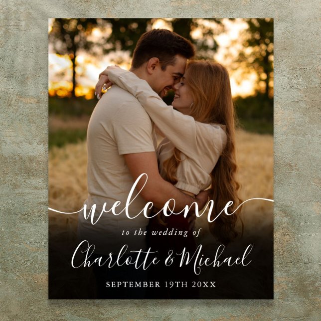 Póster Foto de bienvenida para boda con guion de firmas (Signature Script Photo Wedding Welcome Sign)
