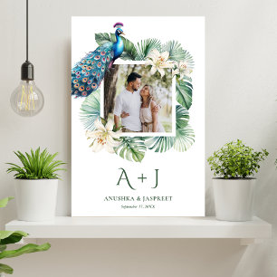 Póster Foto de boda floral de pavo real indio tropical