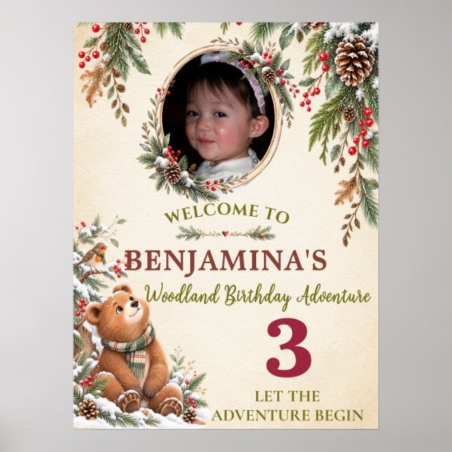 Póster Foto de cumpleaños de oso en el bosque acogedor (Frente)