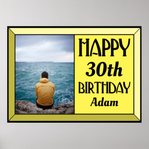 Póster Foto de cumpleaños estilo Art Déco amarillo 30