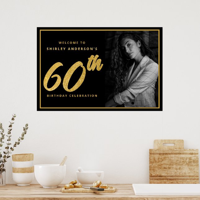 Póster Foto de cumpleaños número 60 en negro con hoja de  (Cocina)