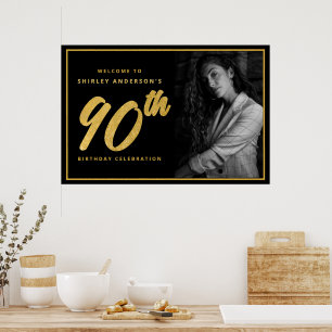 Póster Foto de cumpleaños número 90 negro elegante con ho