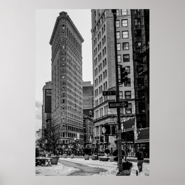 Póster Foto de edificio de Flatiron blanco y negro en NYC (Frente)