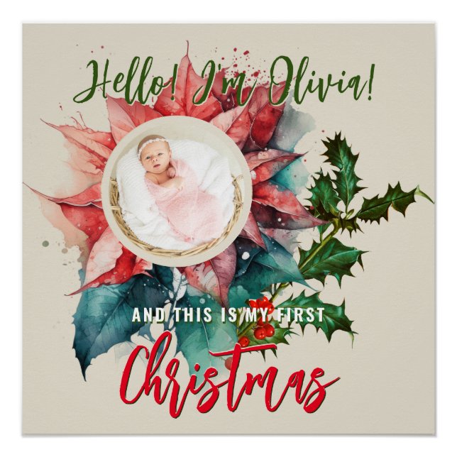 Póster Foto de Navidad con nombre de bebé muérdago poinse (Anverso)