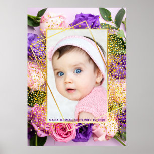 Póster Foto de niña bebé con acuarela floral dorada rosa 