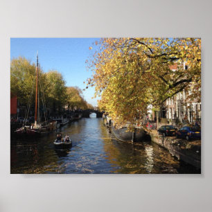 Póster Foto de otoño del canal de Ámsterdam Brouwersgrach