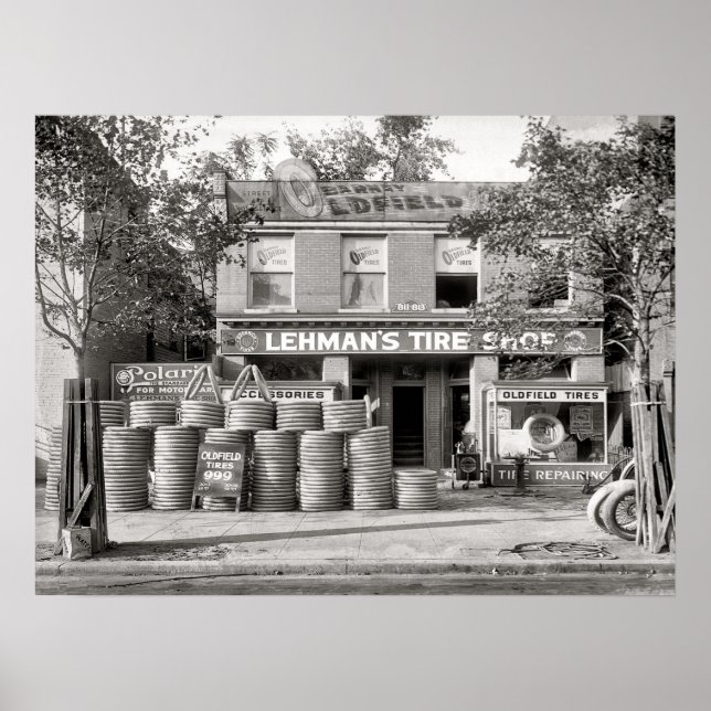 Póster Foto de tienda de neumáticos de época, mecánica, P (Frente)