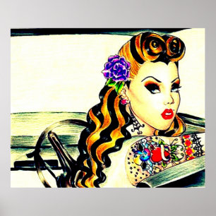 Póster foto de un poster con tatuaje retro rockabilly