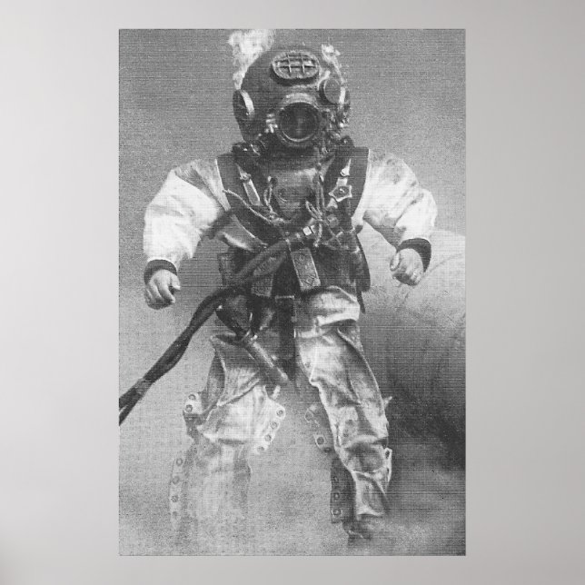 Póster foto del antiguo buzo de scuba de buceo blanco y n (Frente)